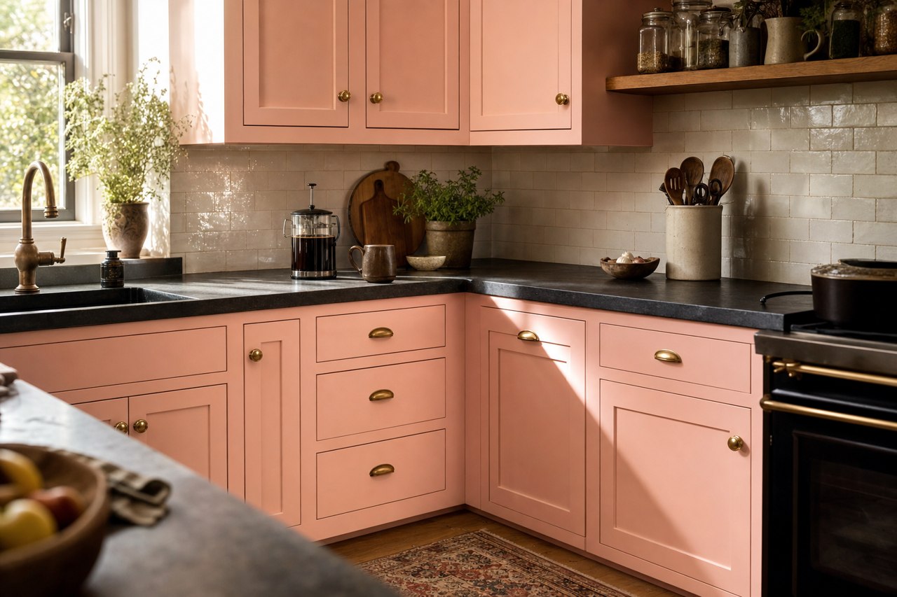 Pink by Benjamin Moore on cabinets