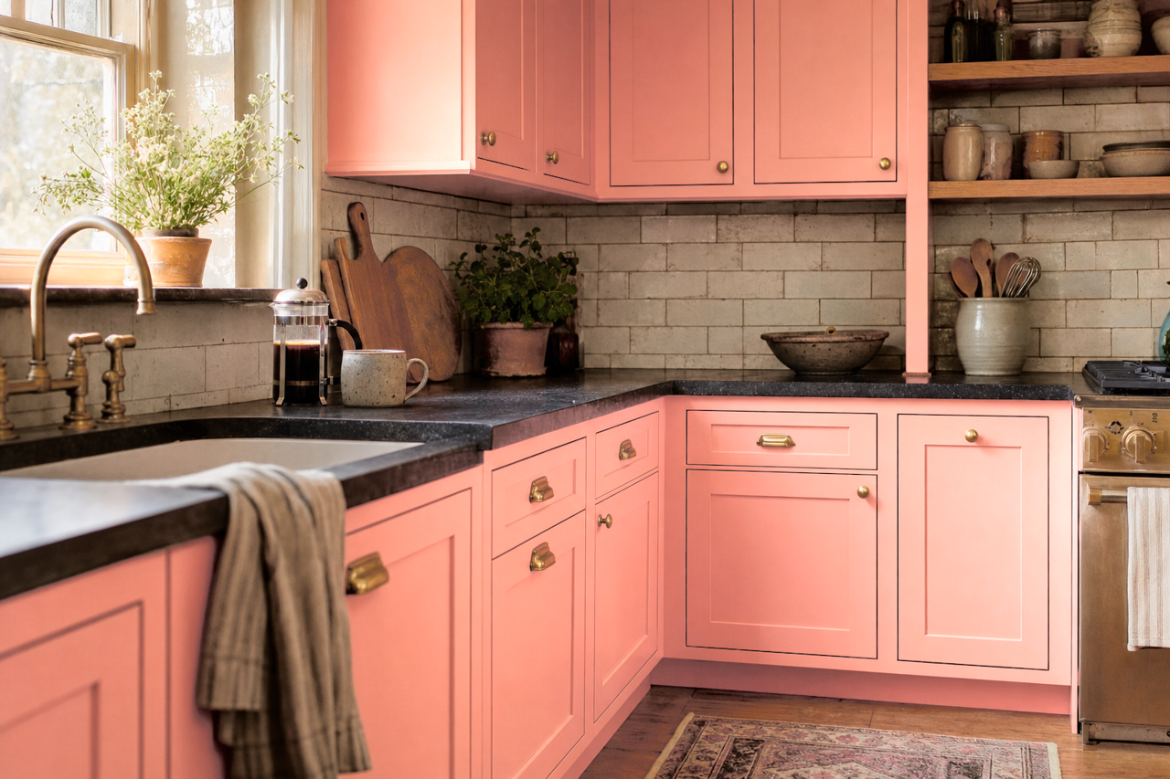 Pink by Benjamin Moore on cabinets