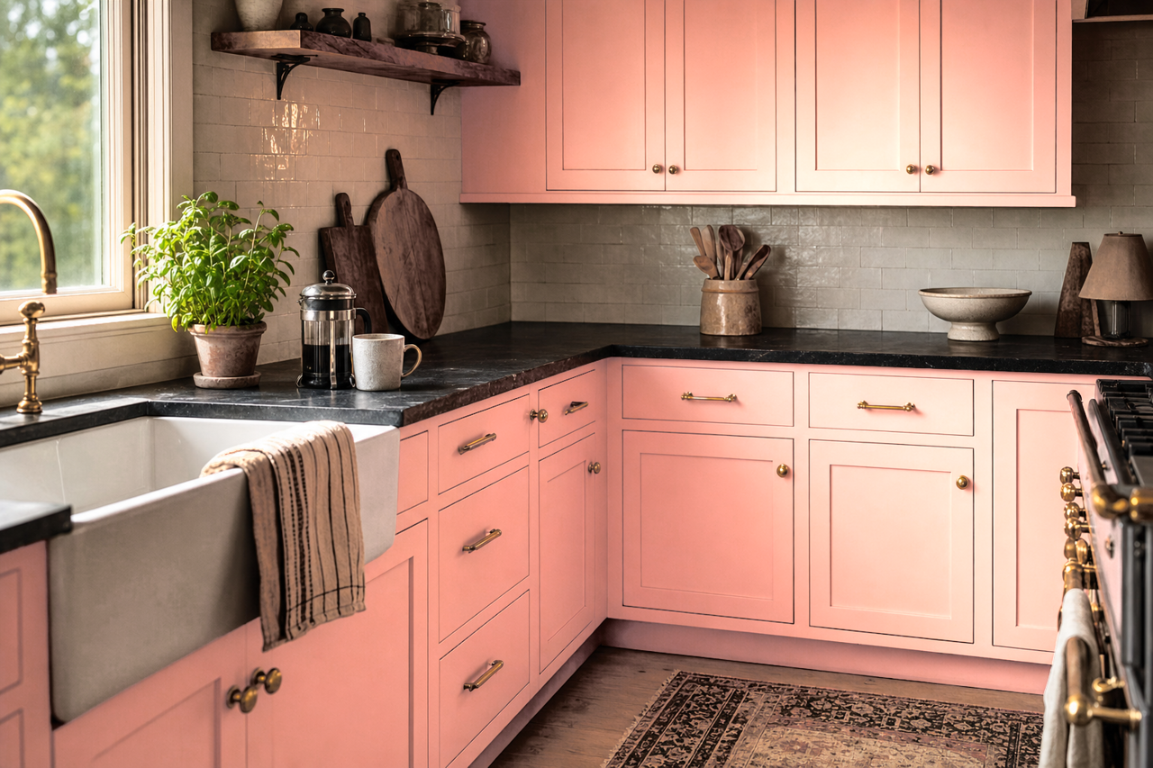 Pink Canopy by Benjamin Moore on cabinets