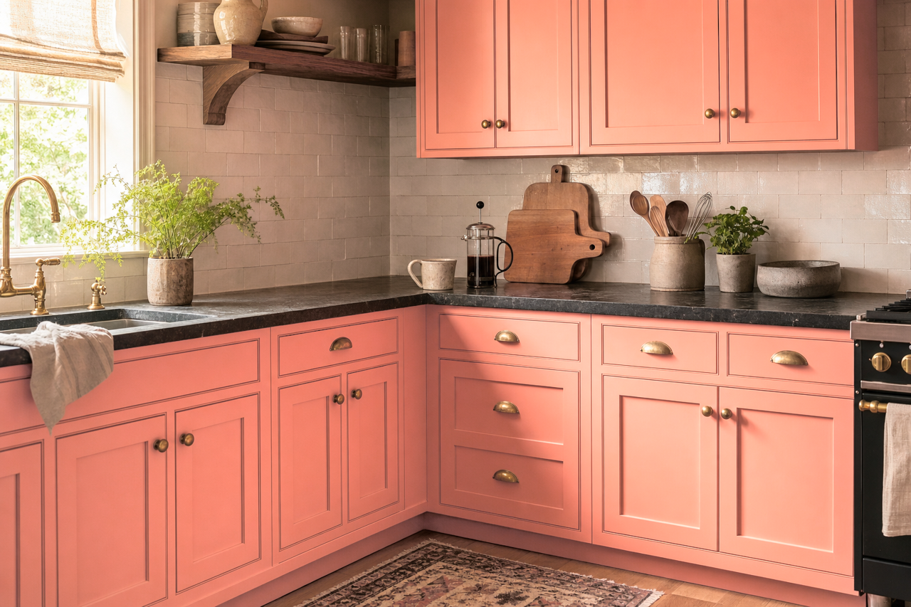 Paradise Peach by Benjamin Moore on cabinets