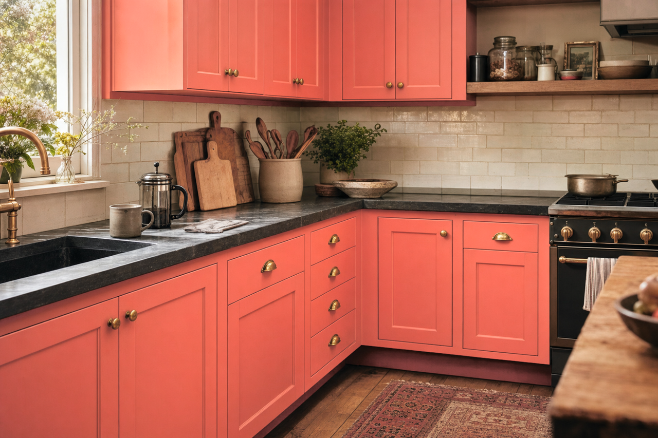 Fan Coral by Benjamin Moore on cabinets
