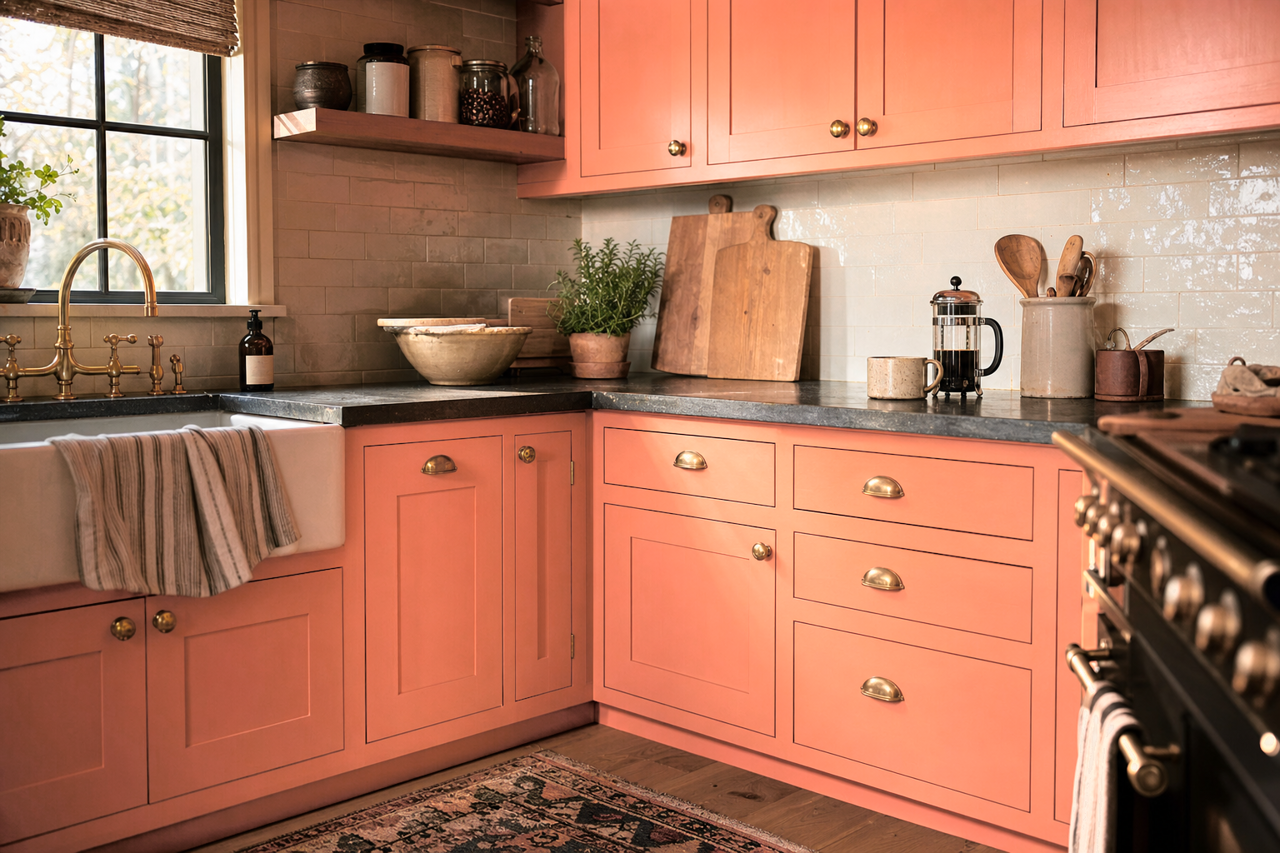 Salmon by Benjamin Moore on cabinets
