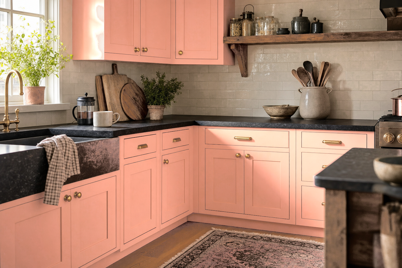 Vivid Peach by Benjamin Moore on cabinets