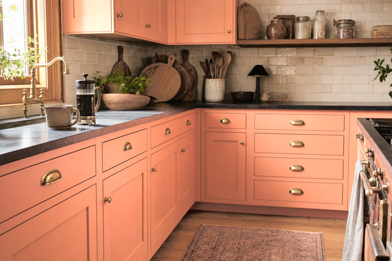 Coral Glow by Benjamin Moore on cabinets