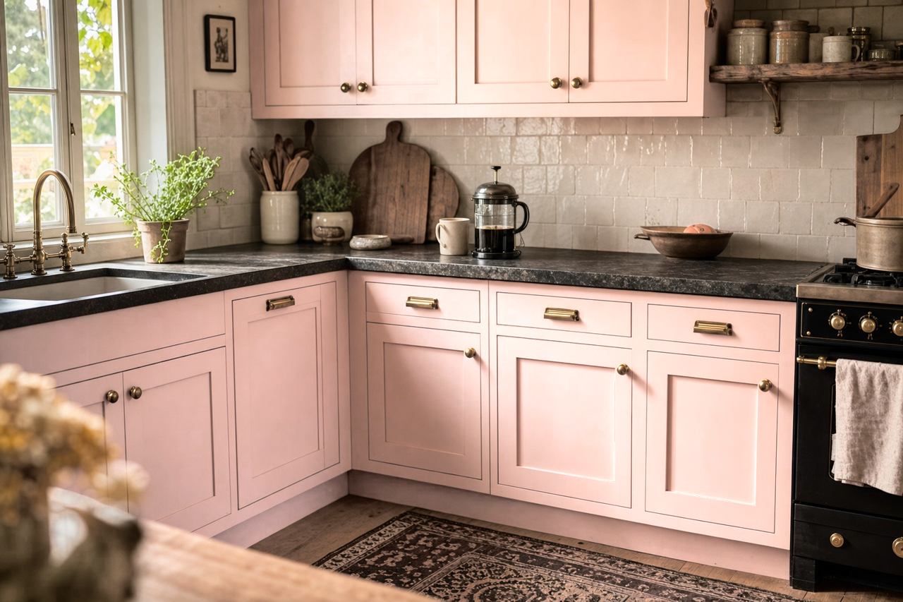 Rose Blush by Benjamin Moore on cabinets