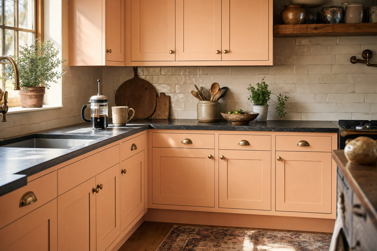 Pink Moire by Benjamin Moore on cabinets