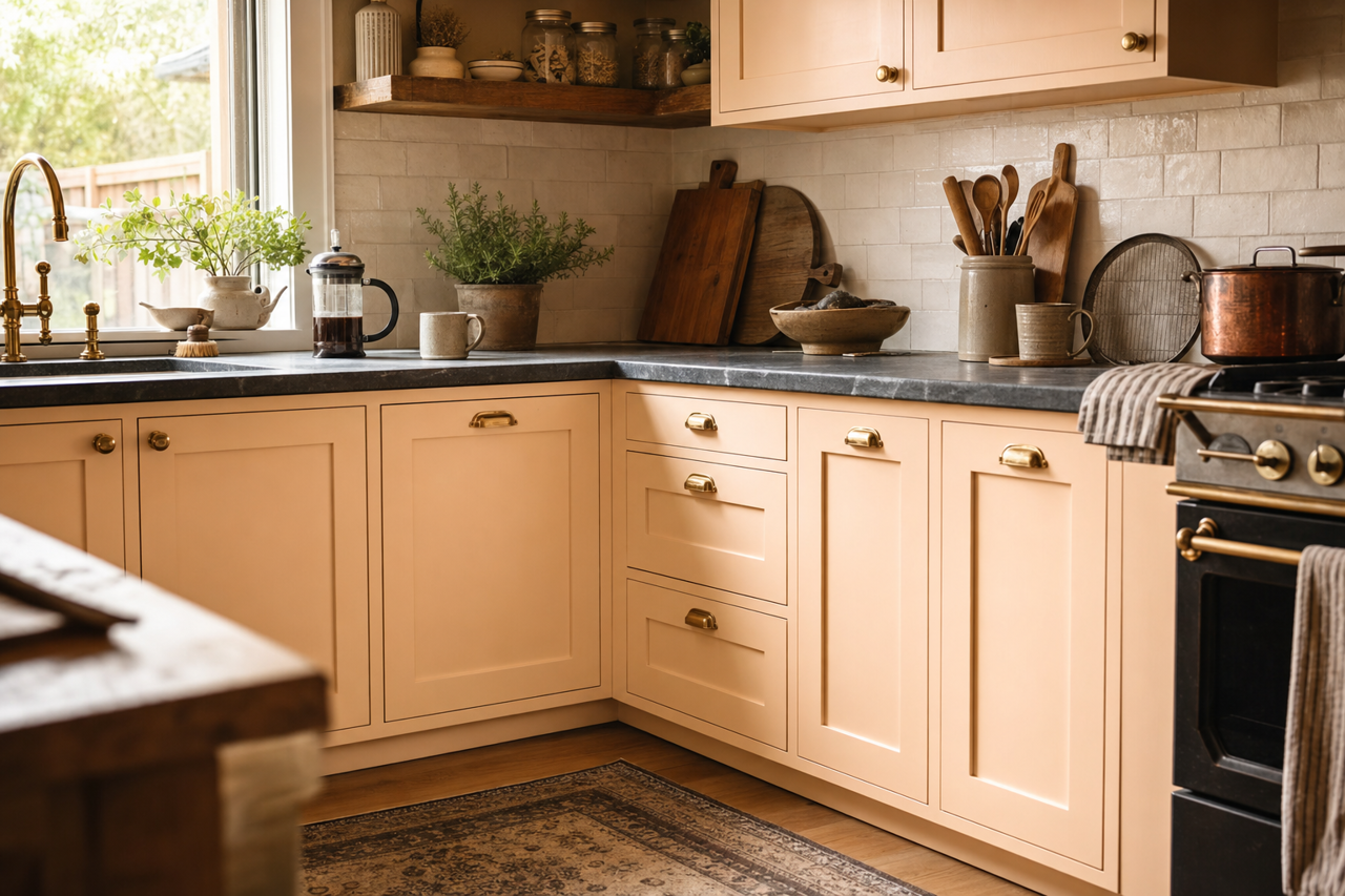 Orange by Benjamin Moore on cabinets
