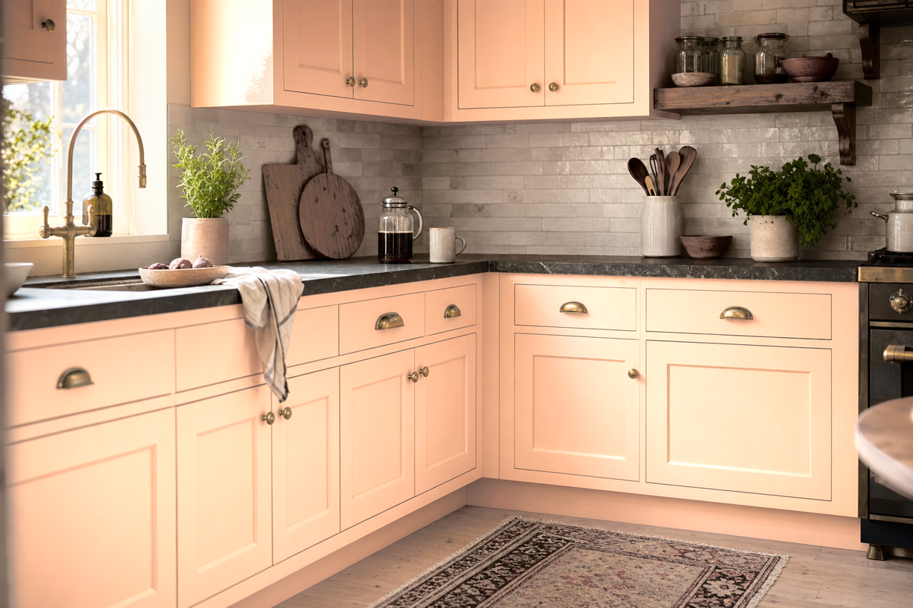 Orange by Benjamin Moore on cabinets