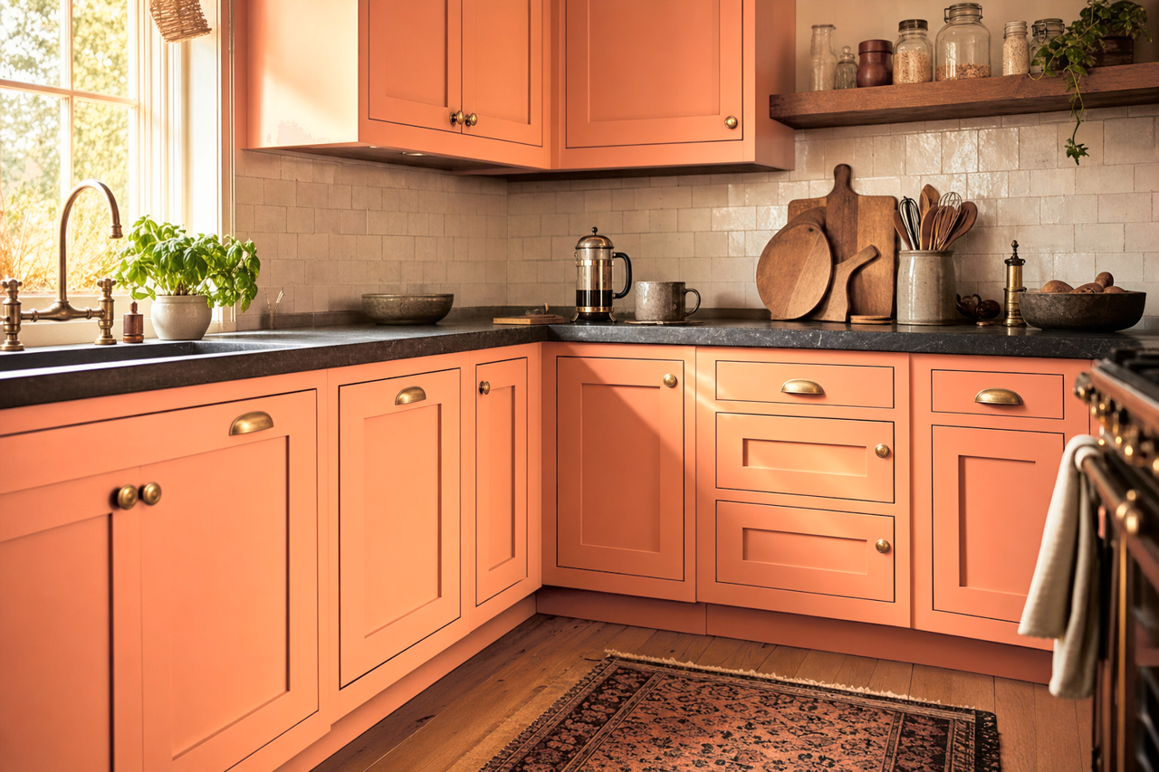 Flamingo by Benjamin Moore on cabinets