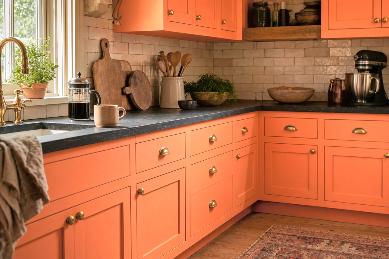 Tangerine Fusion by Benjamin Moore on cabinets