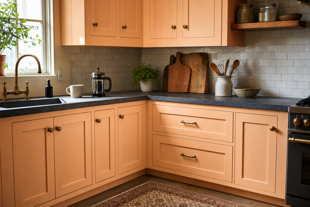 Peach Stone by Benjamin Moore on cabinets