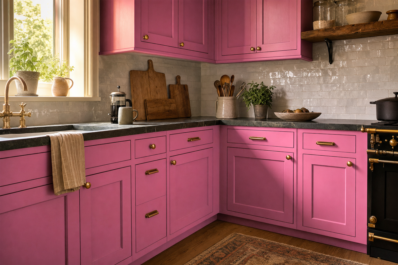 Cosmic Pink by Valspar on cabinets