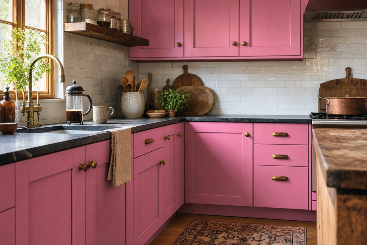 Raspberry Sorbet by Valspar on cabinets