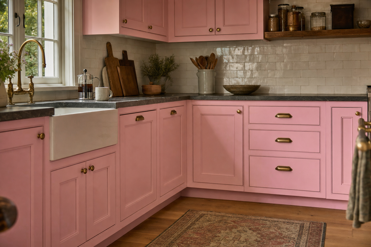 Pink Plunge by Valspar on cabinets