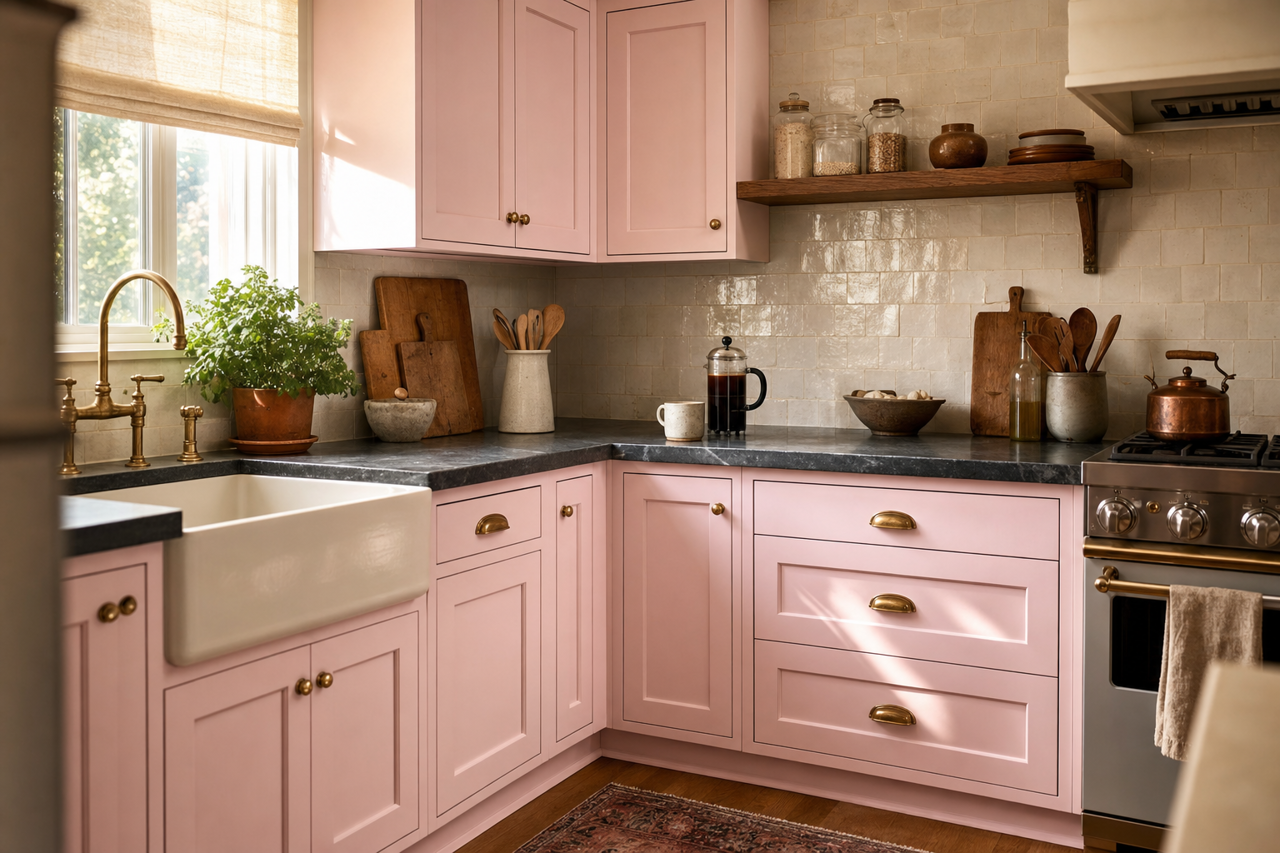 Pink Odyssey by Valspar on cabinets