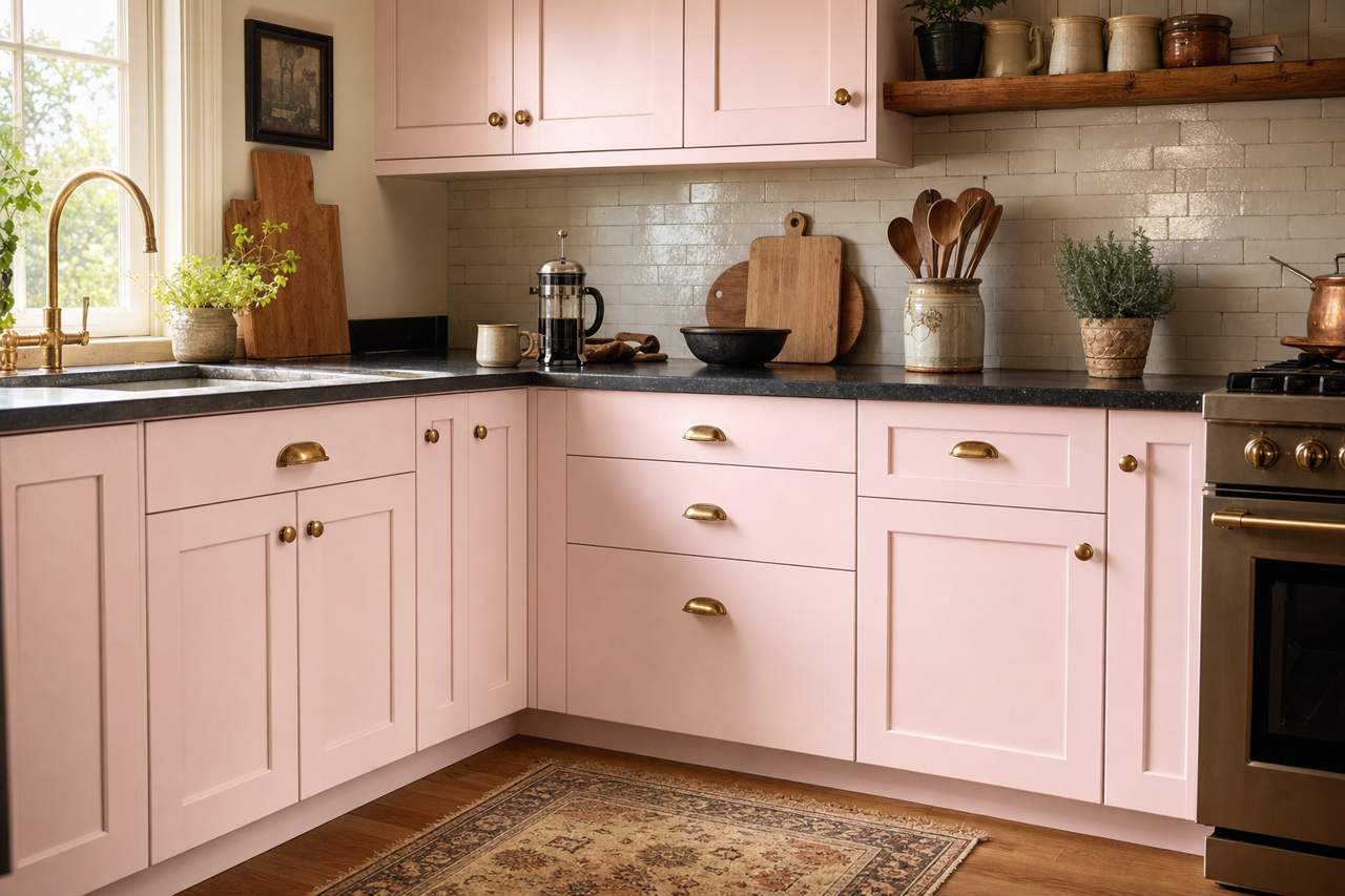 Pink Mist by Valspar on cabinets
