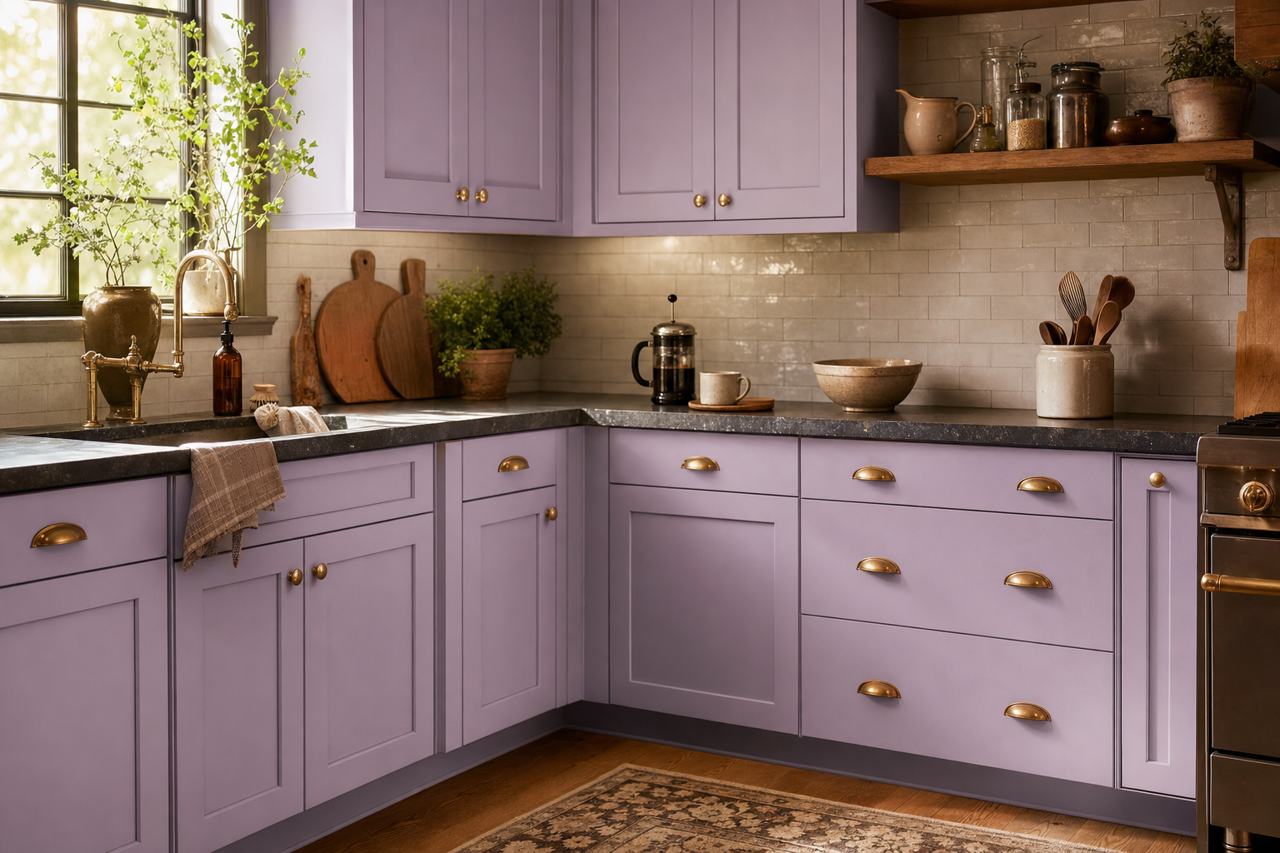 Fancy Pansy by Valspar on cabinets