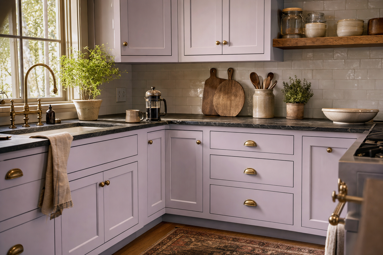 Purpling Dawn by Valspar on cabinets