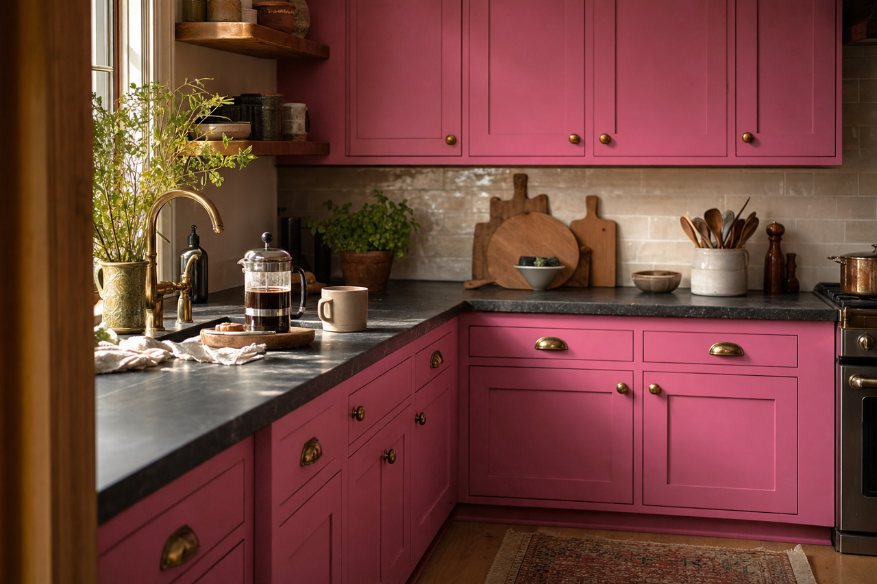 Very Berry by Valspar on cabinets