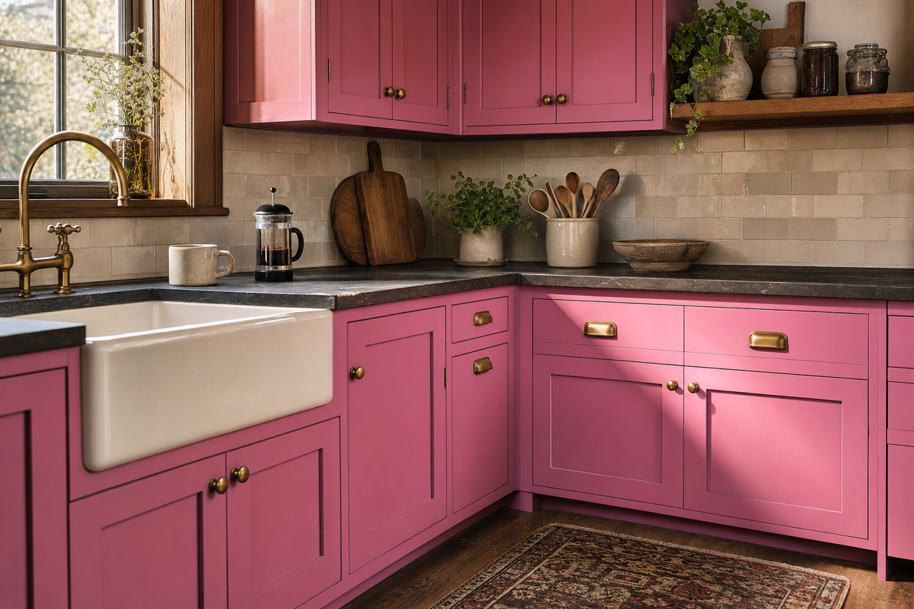 Rose Dust by Valspar on cabinets