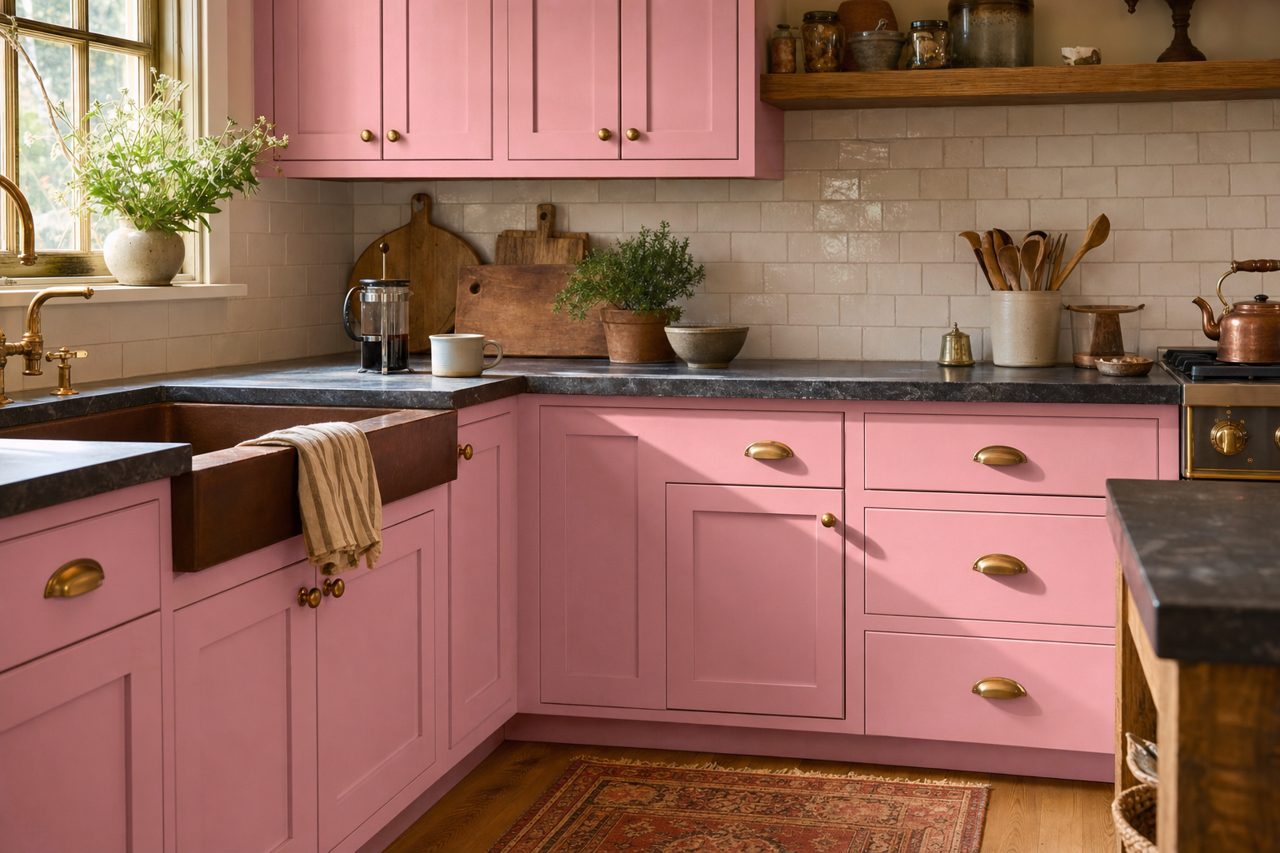 Pink Frenzy by Valspar on cabinets