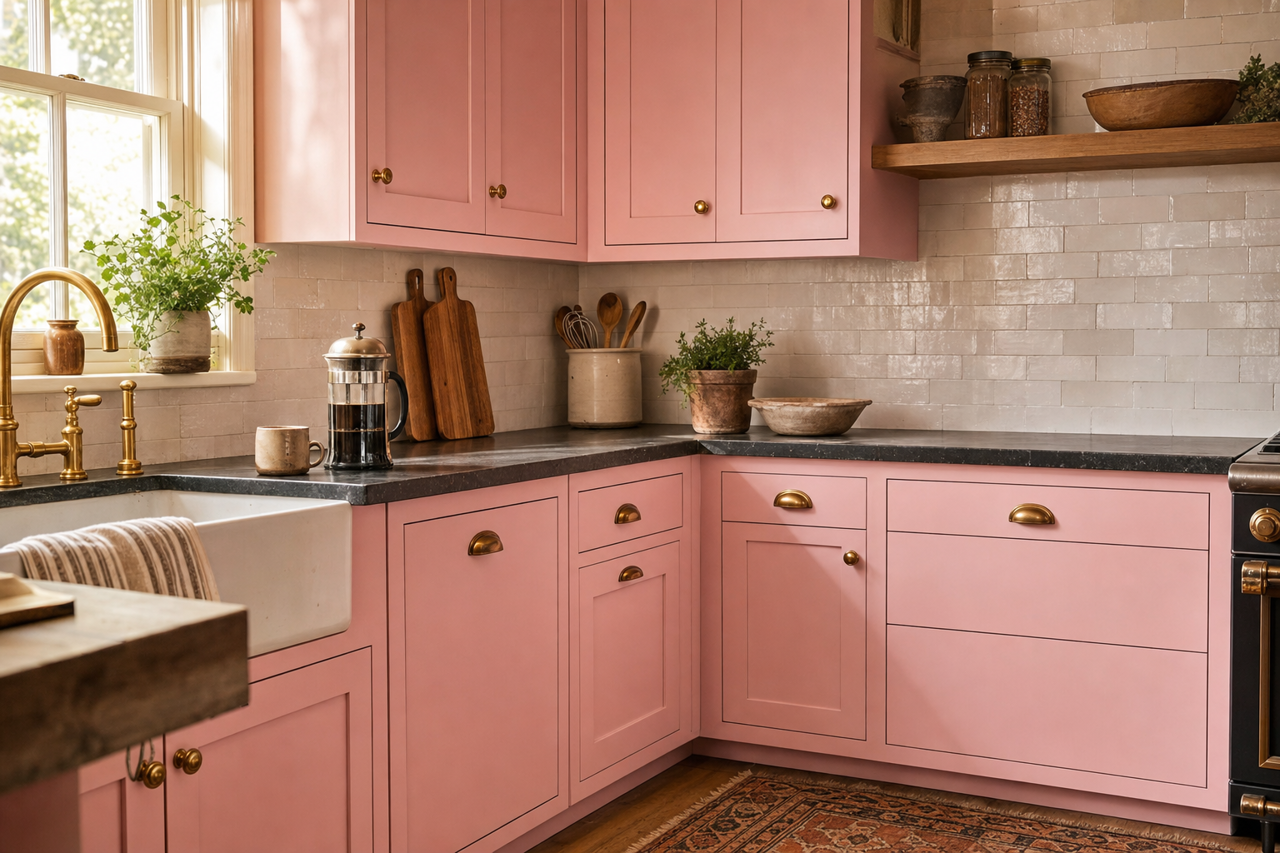 Pink Quartz by Valspar on cabinets