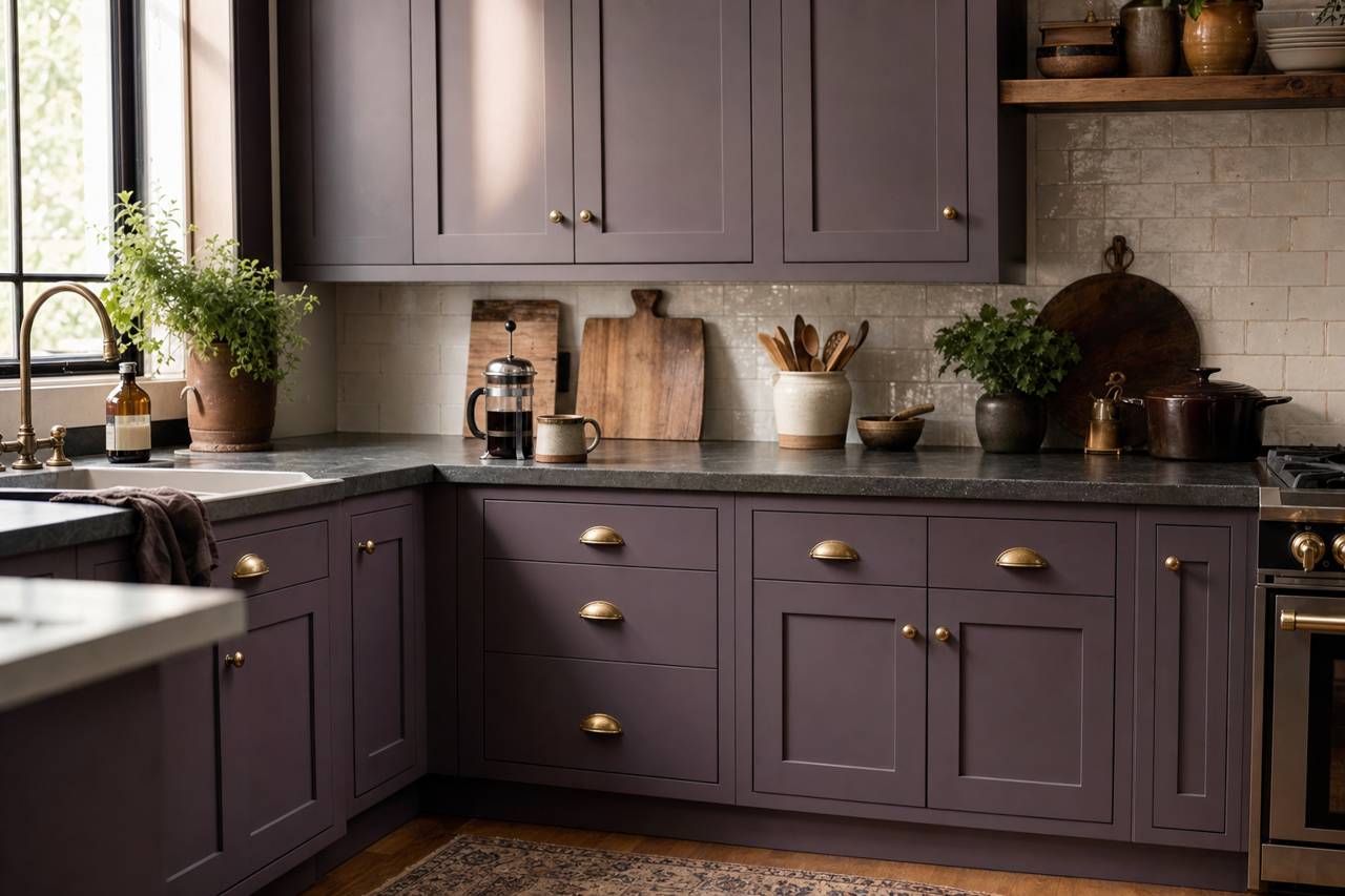 Stormy Purple by Valspar on cabinets