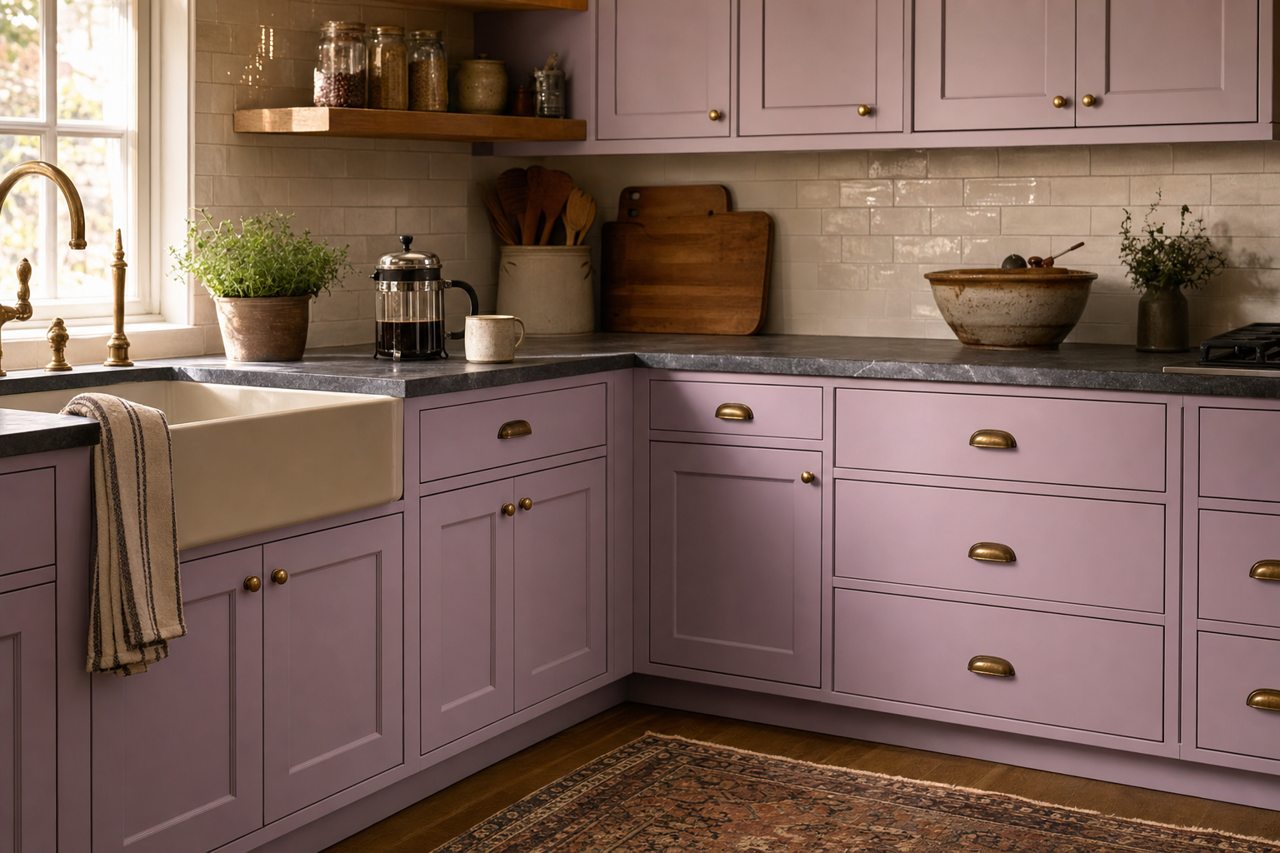Classic Lilac by Valspar on cabinets