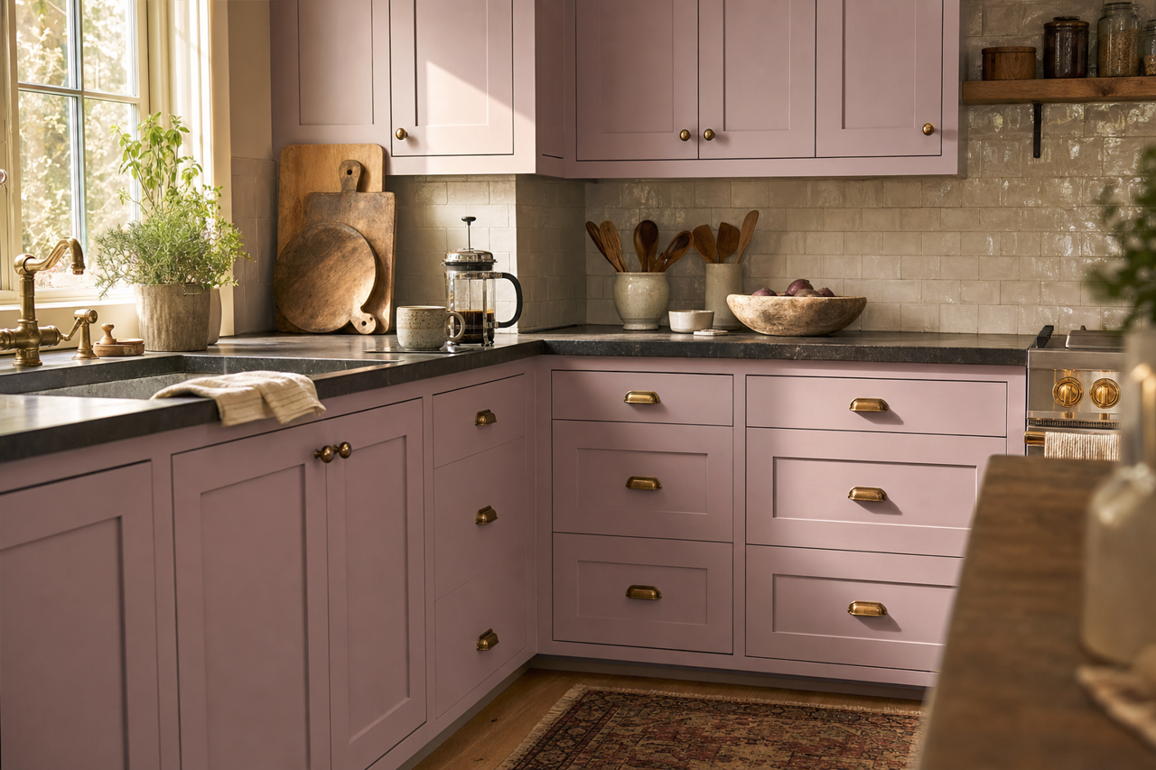 Dusty Lavender by Valspar on cabinets