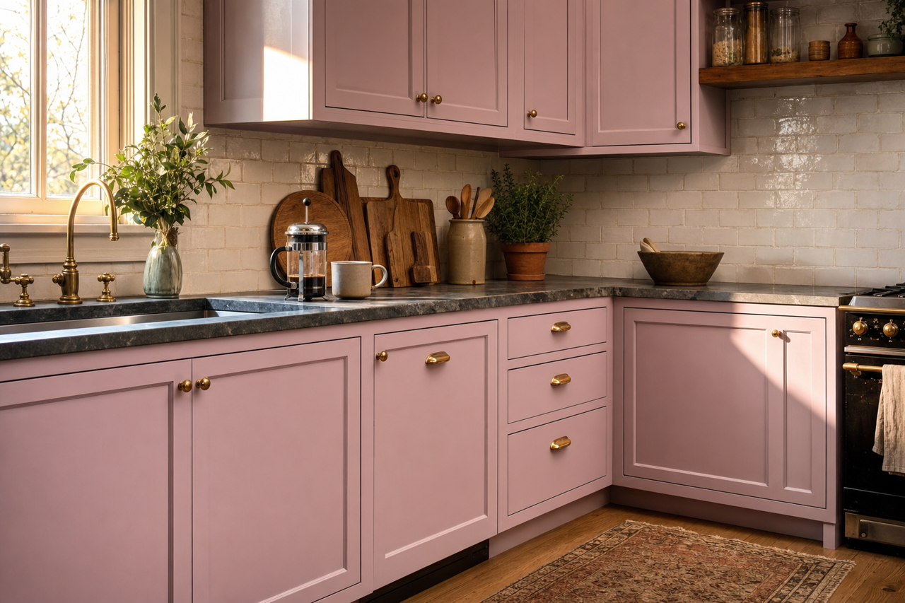 Lindsey Lilac by Valspar on cabinets