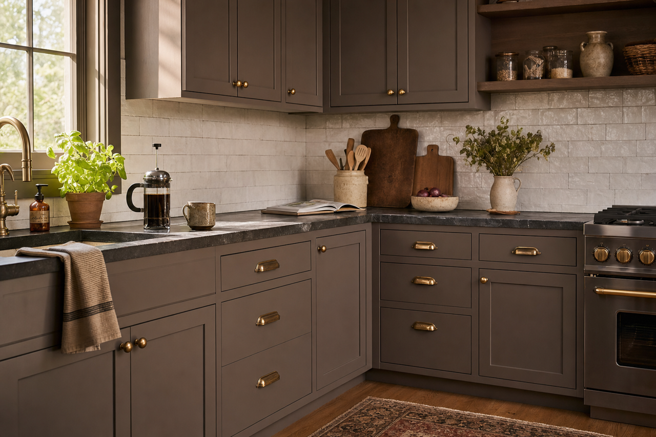 Mystic Taupe by Valspar on cabinets