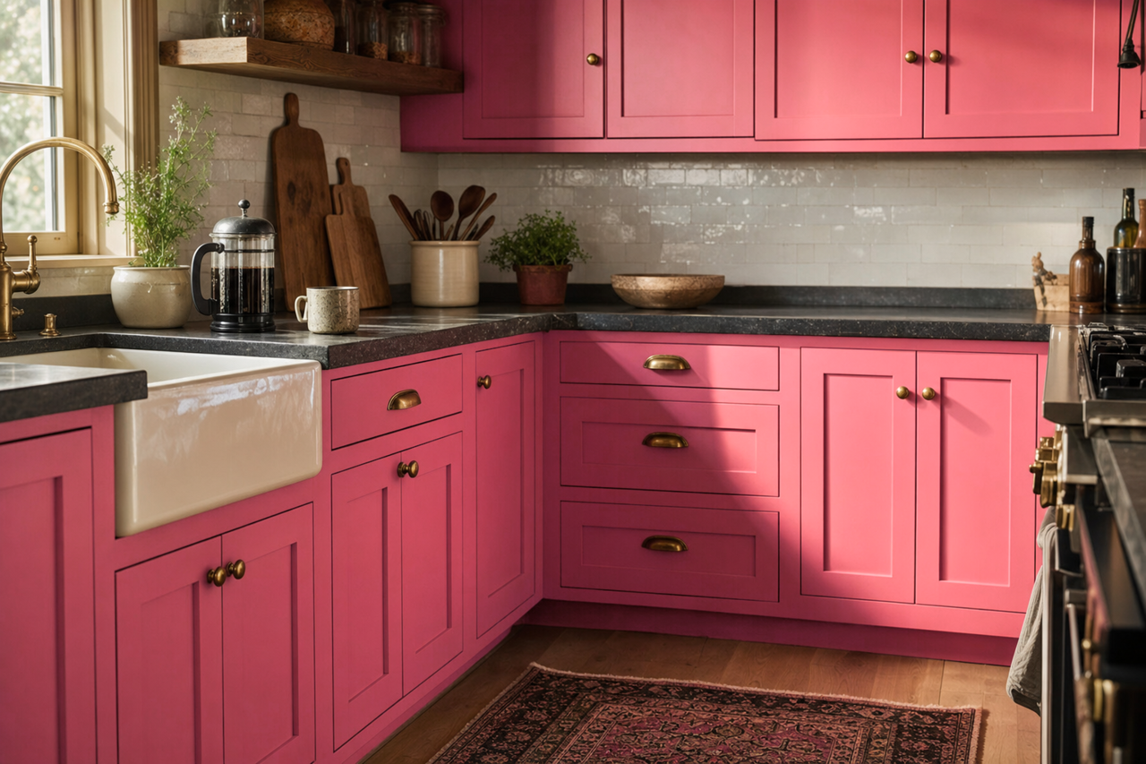 Pink Burst by Valspar on cabinets