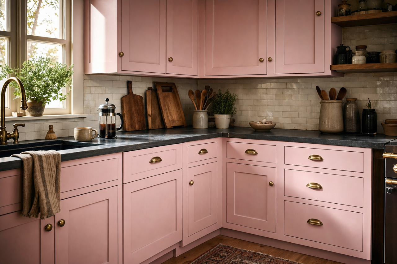 Utterly Pink by Valspar on cabinets