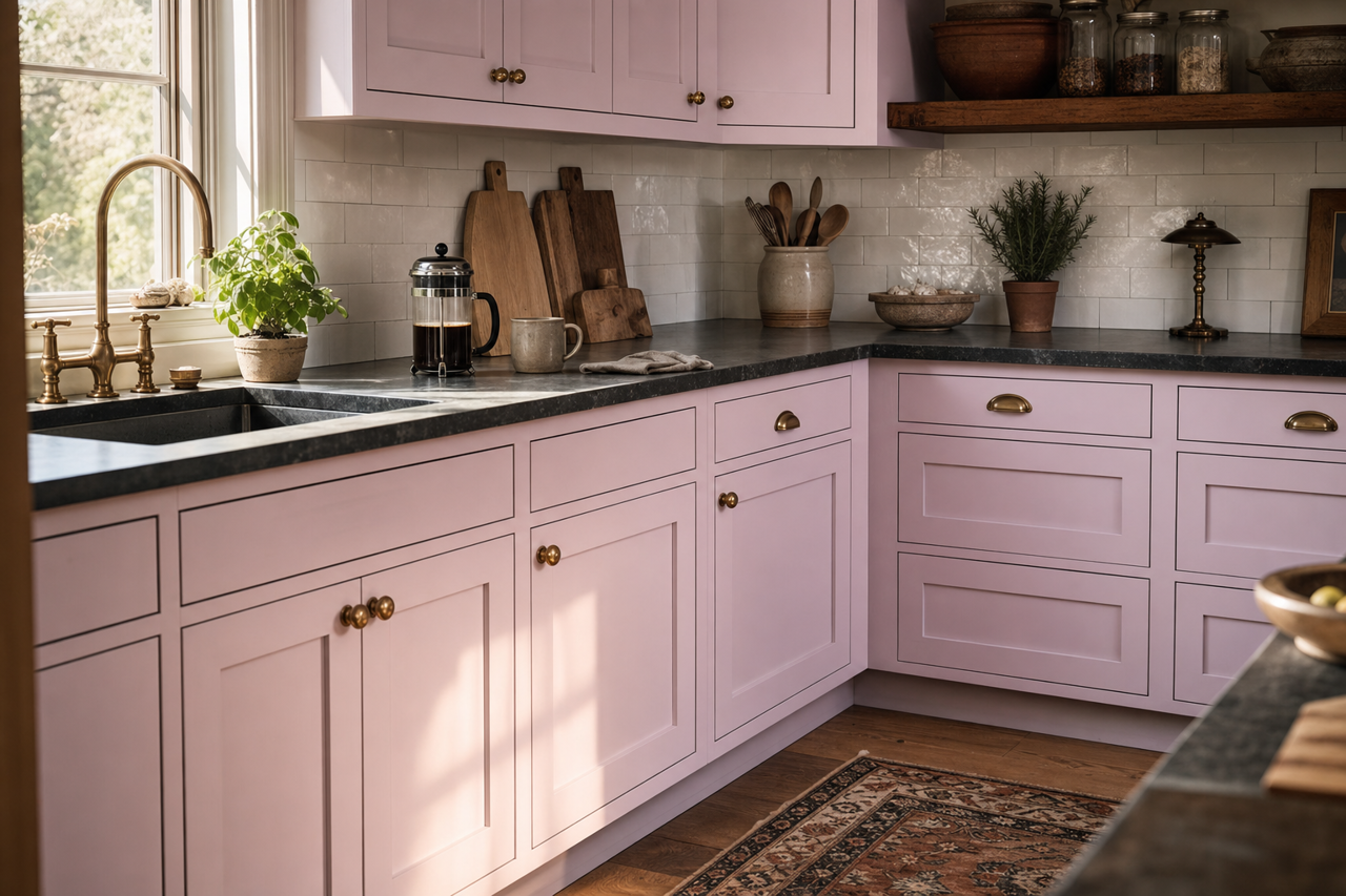Lilac Ice by Valspar on cabinets