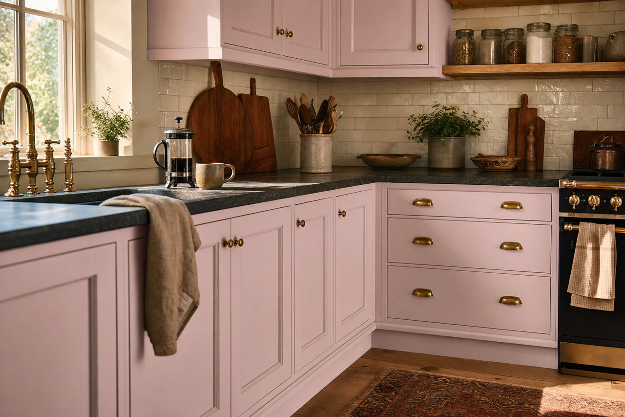 Dusted Gloam by Valspar on cabinets