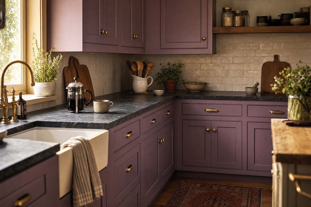 Dusky Purple by Valspar on cabinets