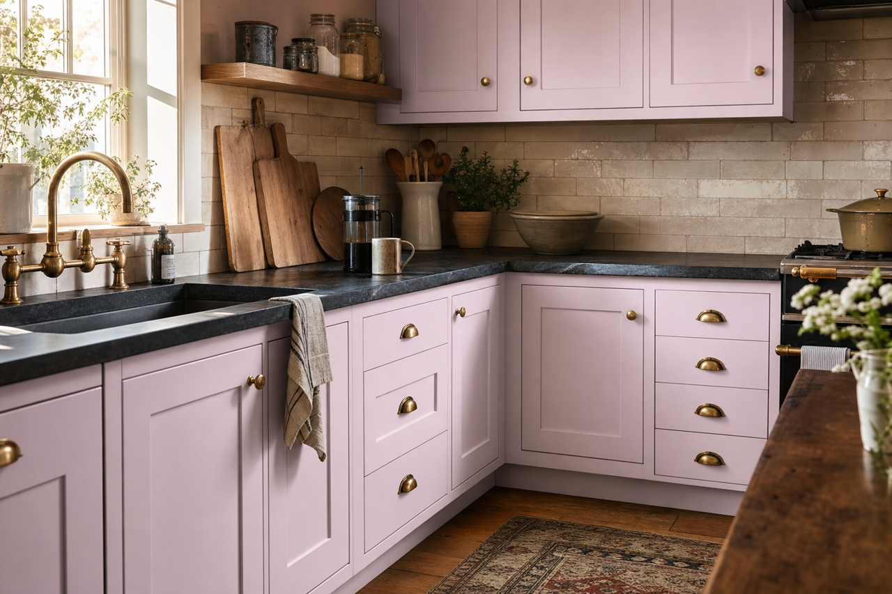 Pale Orchid by Valspar on cabinets