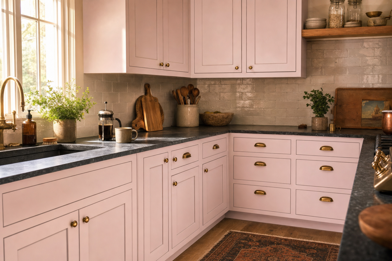 Lilac Lace by Valspar on cabinets