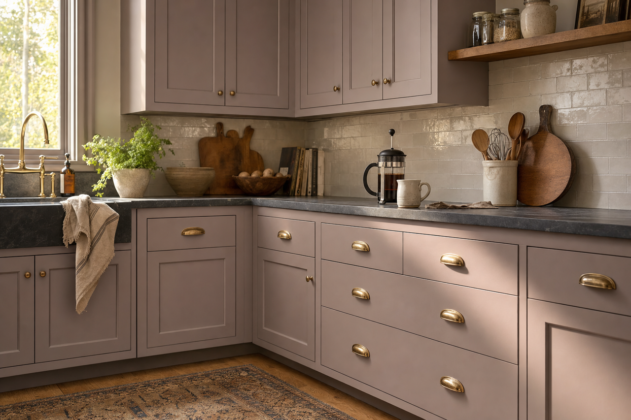 Lilac Gray by Valspar on cabinets