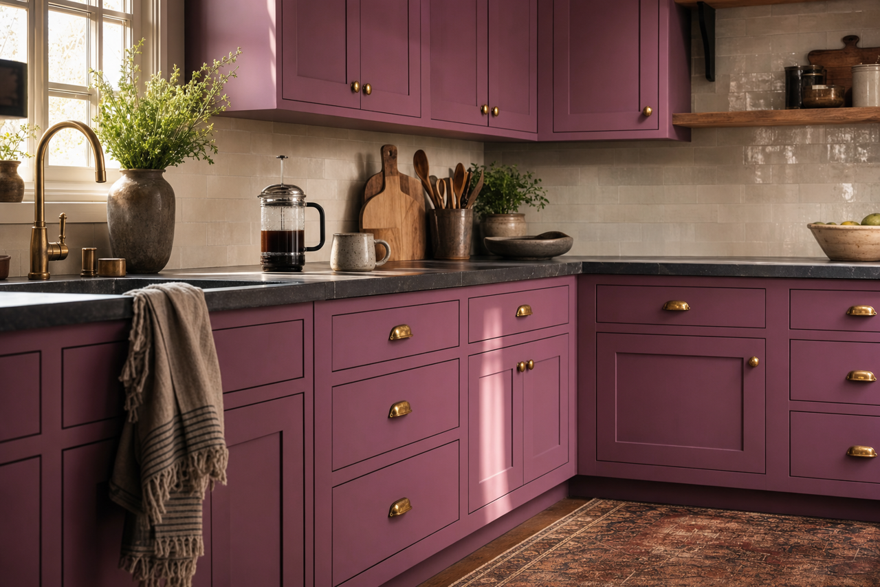 Plumberry by Valspar on cabinets