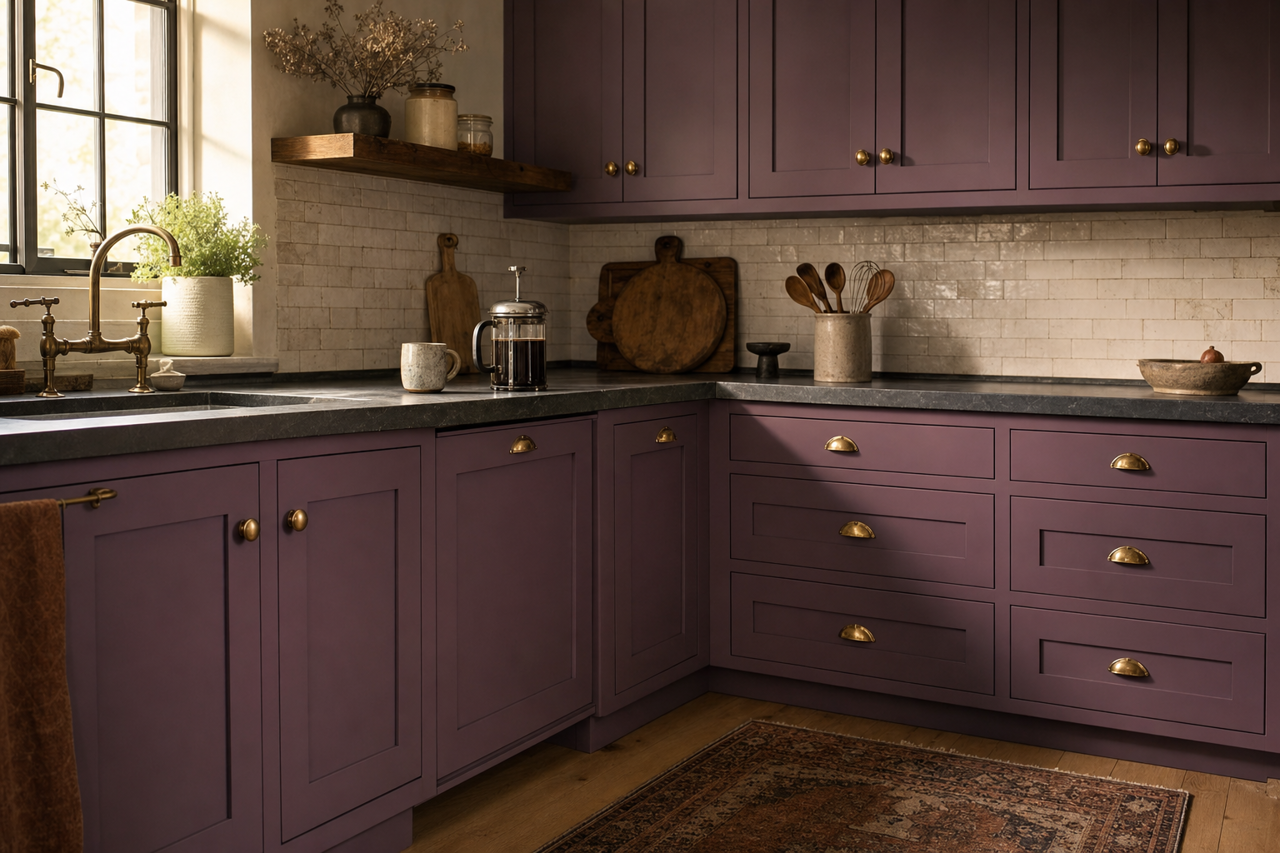 Purple Cloak by Valspar on cabinets