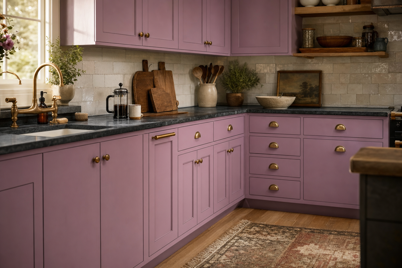 Amethyst Purple by Valspar on cabinets