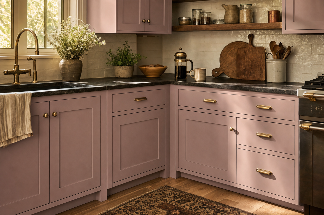 Mellow Mauve by Valspar on cabinets