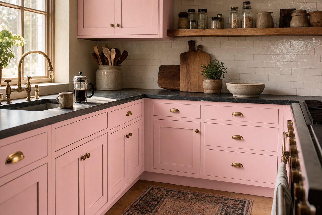 Pink Ribbon by Valspar on cabinets