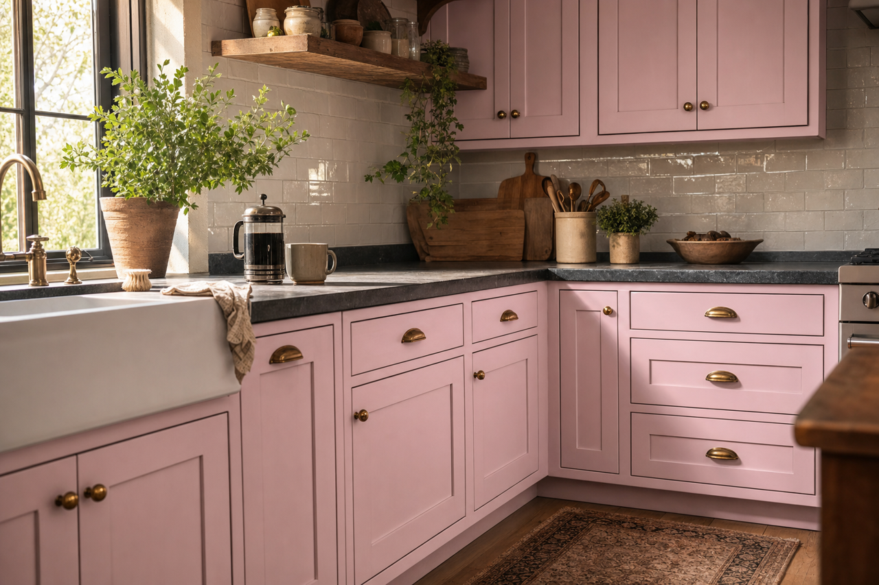 Velvety Blush by Valspar on cabinets