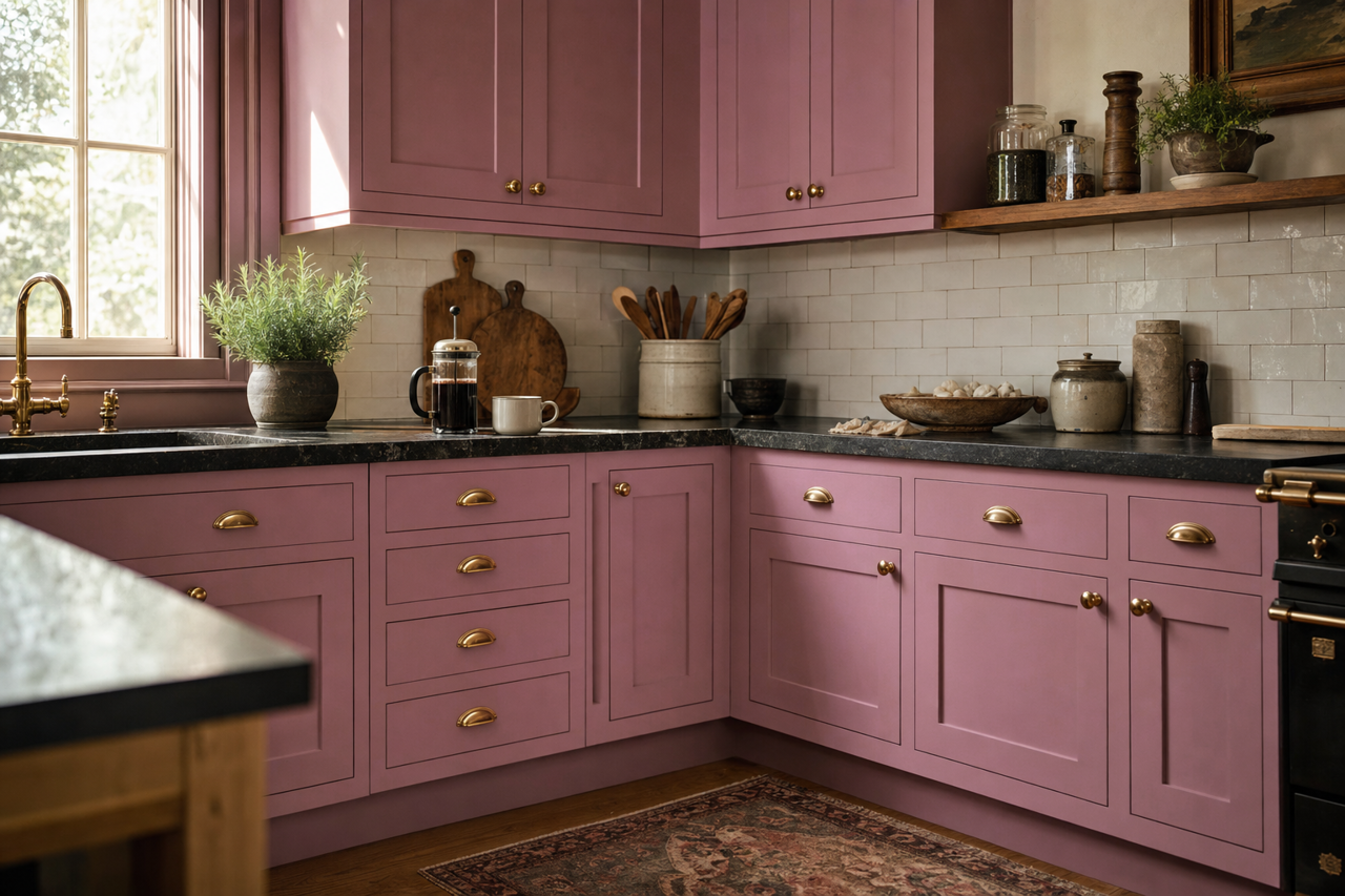 Purple Plumage by Valspar on cabinets