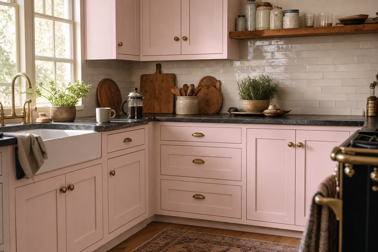 Opal Blush by Valspar on cabinets