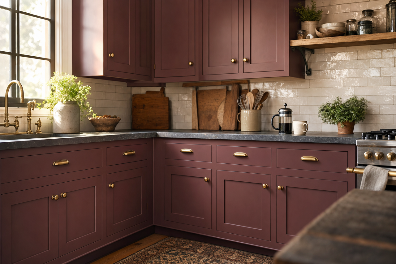 Crabapple Wine by Valspar on cabinets