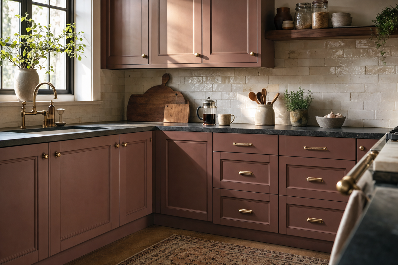 Berry Brandy by Valspar on cabinets