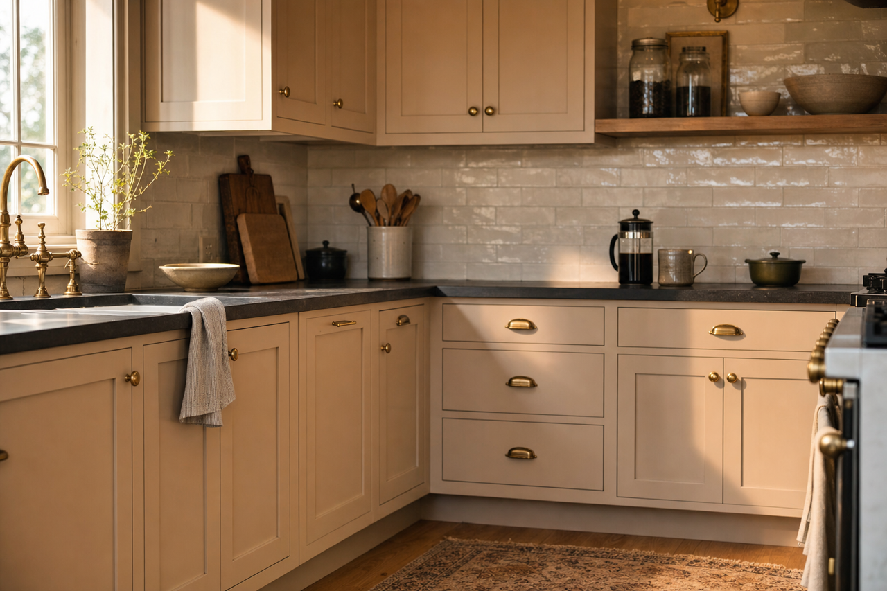 Hazelwood by Benjamin Moore on cabinets